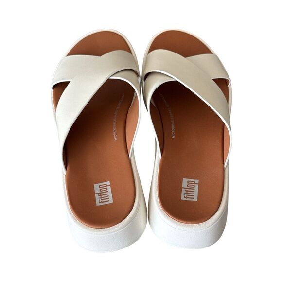 Fitflop F-Mode Leather Flatform Cross Slides. Cream - Picture 3 of 10